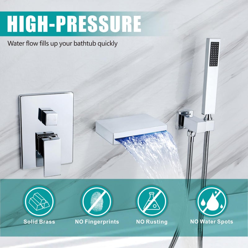 SKOWLL Polished Chrome Wall Mount Bathtub Faucet with Handheld Shower, Sinhle Handle LED Waterfall Bathroom Faucet, Rough in Valve - Image 4